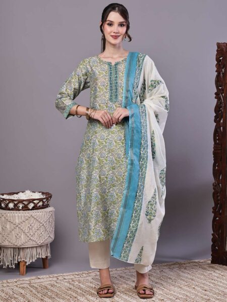 Women's Green & Blue Floral Chanderi Printed Kurta Set with Dupatta Suit Sets